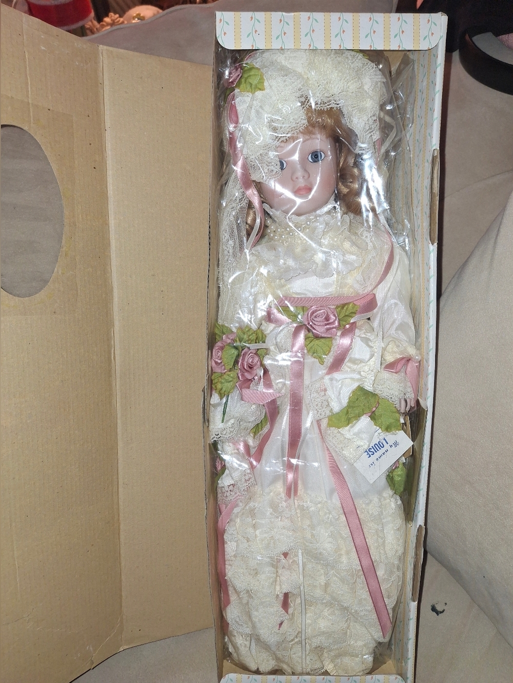 Victorian Porcelain Doll in Ivory Lace with Pink Rose Accents